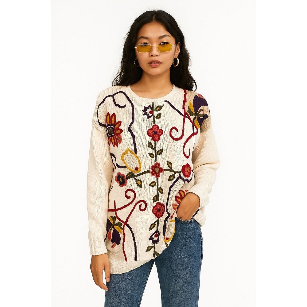 Cream Floral Embroidered Crewneck Sweater Cardigan with Multicolor Accents